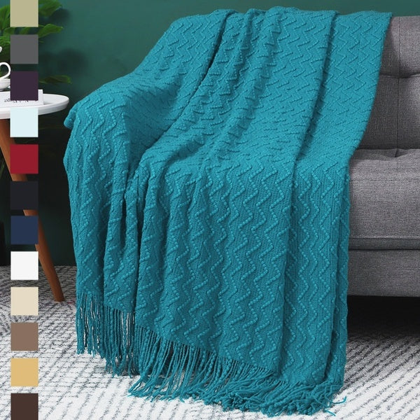 Battilo Knit Diamond Pattern Decorative Throw Blanket with Tassel, 50'' x 60'' Handmade Soft Warm Nordic Quilt Travel Plane Bedspread