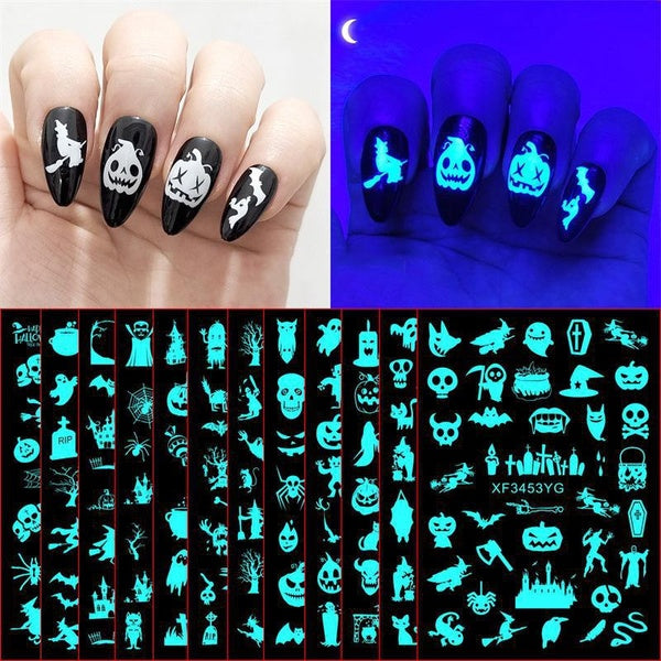 12 Pcs Sets Halloween Luminous Nail Stickers Decals Wacky Pumpkin Skeleton Glow In The Dark Nail Art Decoration