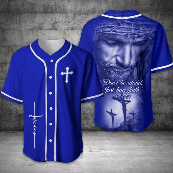 Jésus n'a pas peur chemise de maillot de baseball bleu