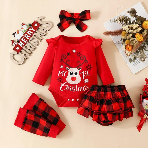 Christmas Baby 0-18M Christmas Newborn Infant Baby Girl Clothes Set Letter Deer Romper Plaid Shorts Headband Leg Warmer Xmas Outfit D05