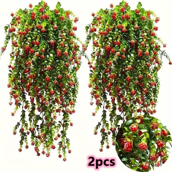 2pcs Front Porch Hanging Shrub Plants UV Protection Artificial Outdoor Plastic Green Shrub Plants Fake Flowers Planter Home Garden Decor