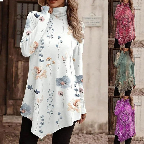 Women's High Neck Ethnic Style Casual Long Sleeved Fashion Floral Printed Loose Comfortable Blouses Plus Size Tops