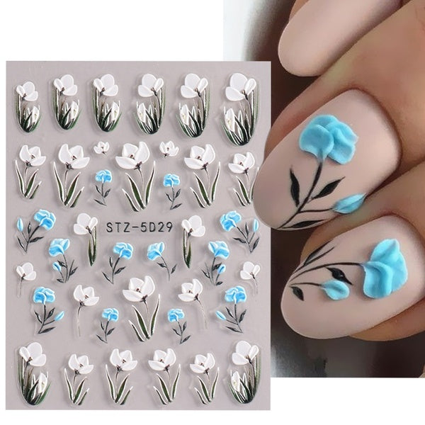 Snowdrop 5D Embossed Nail Stickers Acrylic White Blue Engraved Flower Leaf Wedding Decal Slider Manicure Decoration BESTZ-5D29
