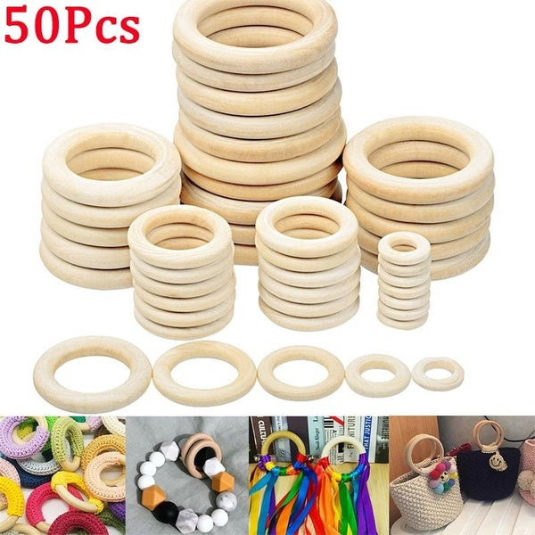 50Pcs Natural Wood Ring 15-70MM Natural Wood Rings for Macrame DIY Crafts Wood Hoops Ornaments Connectors Jewelry Making