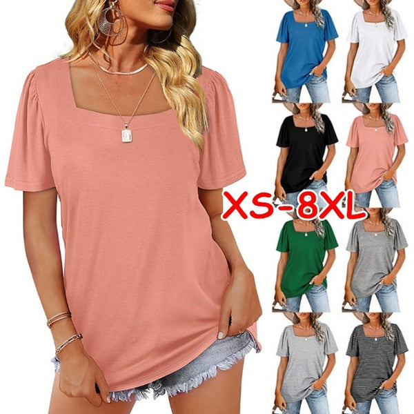 XS-8XL Women's Fashion Summer Clothes Casual Square Neck Puff Sleeve T Shirts Short Sleeved Tops Ladies Solid Color - Stripe Blouses Loose T-shirts P
