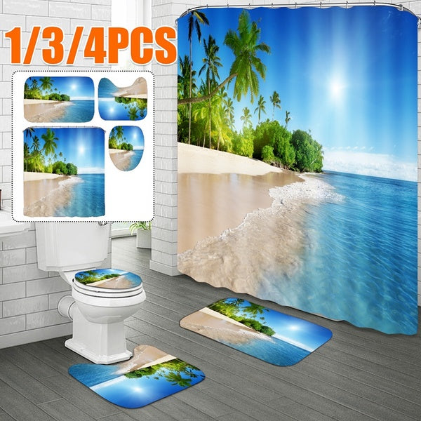 1-3-4 Pcs Summer Fashion Beach Sun Shower Curtains Modern Polyester Waterproof Bathroom Curtain Hook Set Bath Mat Carpet Toilet Accessories Household