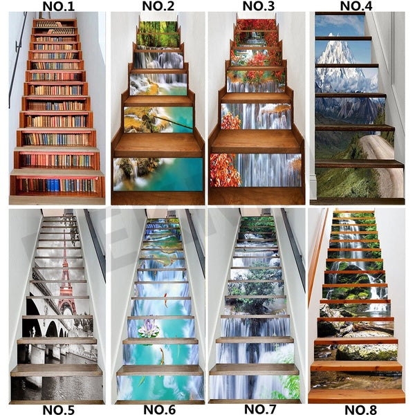6pcs 13pcs-Set Landscape Waterfall Stair Floor Stickers Waterproof Removable Self Adhesive Diy Vintage Books Stairway Decals Murals Home Decor