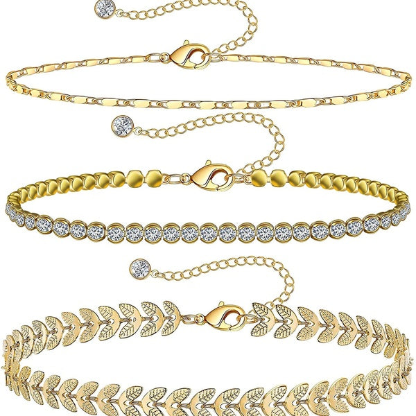 Bracelets de cheville en or pour femme Bracelet de cheville plaqué or 14 carats Argent Tennis Quartz rose Perle croisée Serpent à chevrons Chaîne de