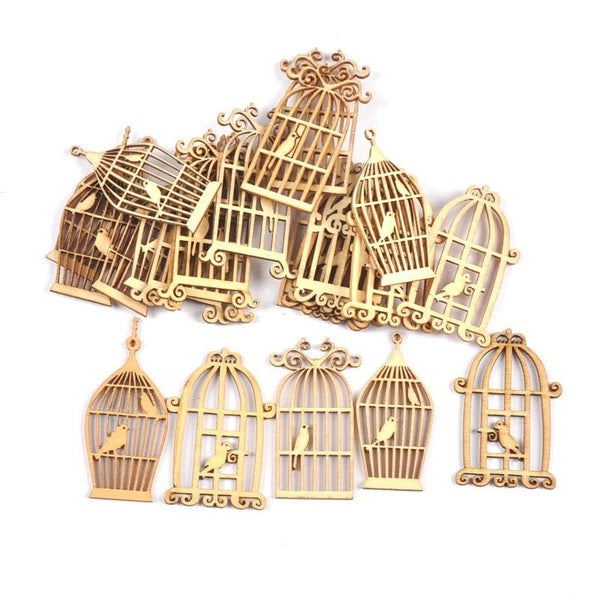 25pcs Pet Bird Cage Forme En Bois DIY Artisanat Scrapbooking Accessoires Tranches De Bois Non Fini Décoration De La Maison Mélange 35x52mm M1743