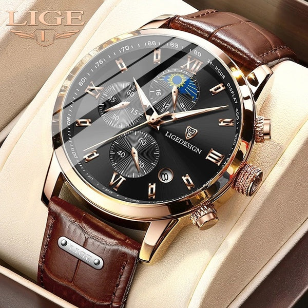 LIGE hommes montres haut de gamme marque de luxe étanche Sport montre-bracelet chronographe Quartz militaire en cuir véritable Relogio Masculino