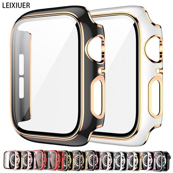 LEIXIUER Screen Protector with PC Cover Protector for Apple Watch 9 8 7 SE 6 5 41mm 45mm 44mm 40mm 42mm 38mm Tempered Glass Film Laser plating protec