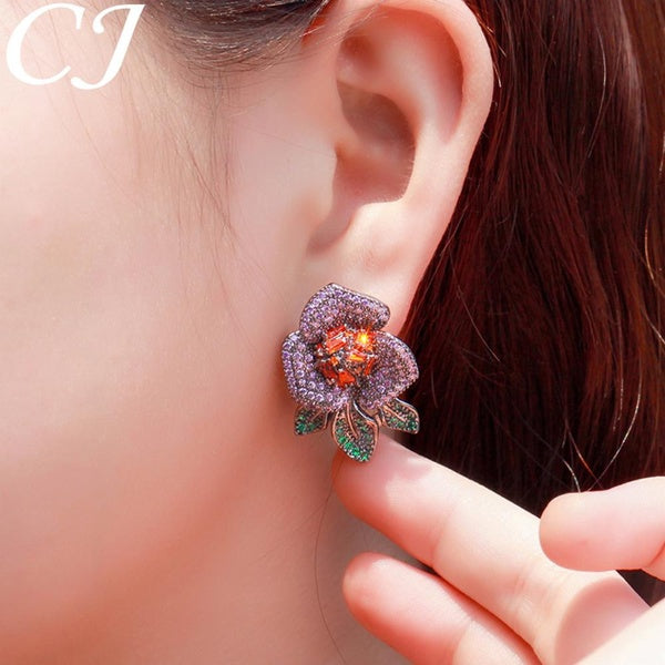 CANDICE Vivid Black Gold Plaqué Fleur Boucles D'oreilles Plein Pavé Bling Multicolore AAA CZ Zircone Pierre Rétro Femmes Prom Party Bijoux