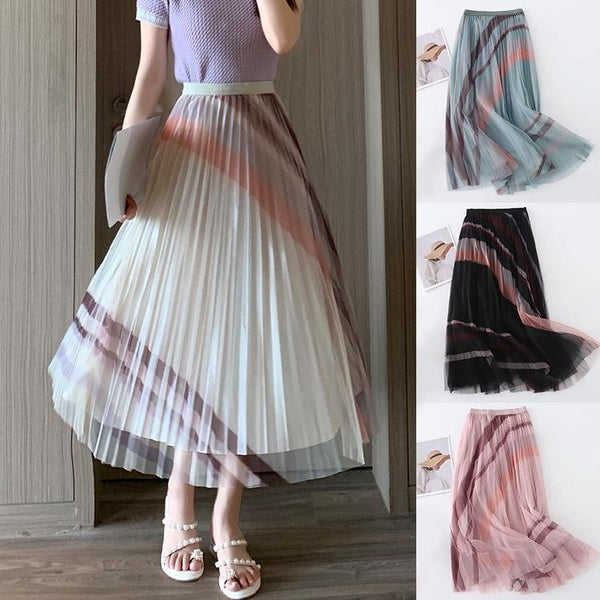 Wome Print Tulle Midi Skirts Knee Length Skirt Long Skirts Summer Casual High Waist A Line Elegant Pleated Maxi Skirts