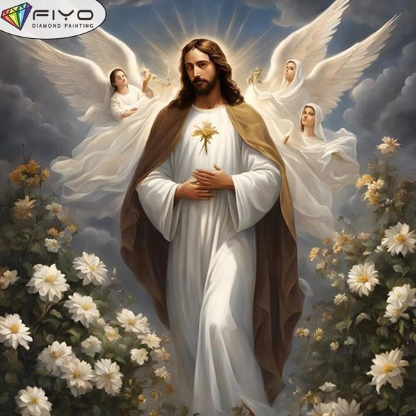 FIYO DIY 5D Jesus and the Angels Diamond Painting Full Drill with Number Kits Home and Kitchen Fashion Mosaic Diamond Painting Canvas Wall Decoration