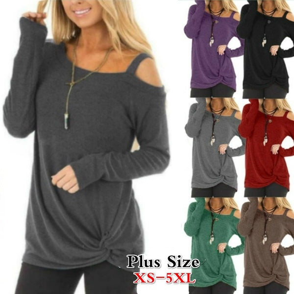 Womens Fashion Casual Loose Long Sleeved T-shirts Cold Shoulder Solid Color Blouses Tunic Tops Shirts