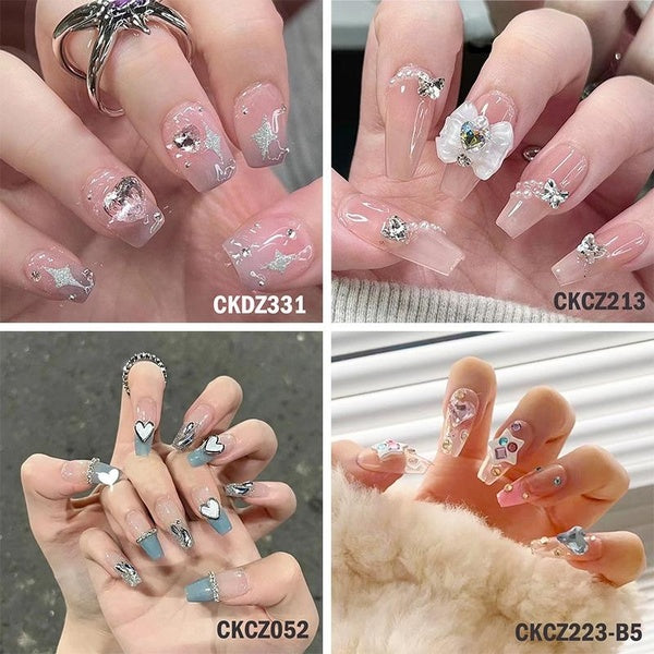 Heart-shaped Diamond Press On Nails 3D Love Bow False Nails Contrast Colored Fake Nails with Three-dimensional Heart Cute Style Star Fake Nails for V