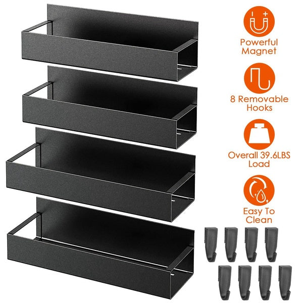 4Pcs Magnetic Spice Rack with 8 Removable Hooks for Refrigerator Microwave Black