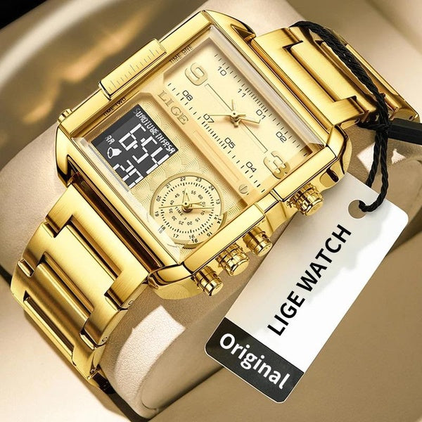 LIGE luxe Original hommes sport montre-bracelet or Quartz acier étanche double affichage horloge montres analogiques Reloj Hombre