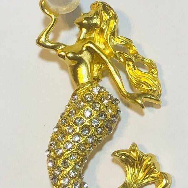Vintage Art Deco Style Gold Tone MERMAID PIN Châle Pin Faux Pearl & Crystal