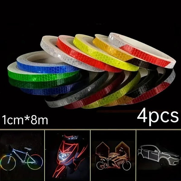 4pcs 8M Reflective Safety Sticker Reflector Tape Car Bike Night Traffic Safety Warning Bicycle Safety Stripe Night Visibility Warning Tape