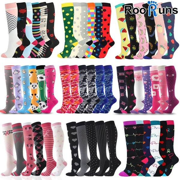RooRuns Men Women Compression Socks Suitable for Exercise Varicose Veins Running Cycling Travel Anti Fatigue Pain Relief Knee Socks