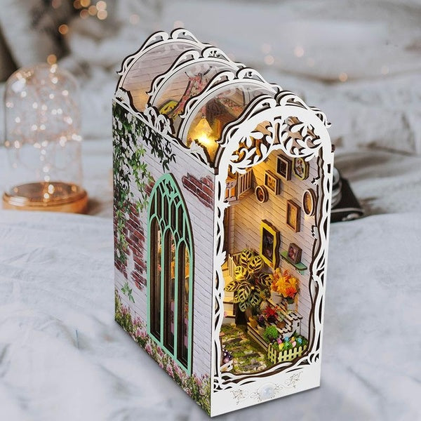 DIY Book Nook Miniature Kit for Bookshelf Insert Decor, 3D Wooden Puzzle Flower House Decorative Bookend with Lights Kits Gifts for Kids