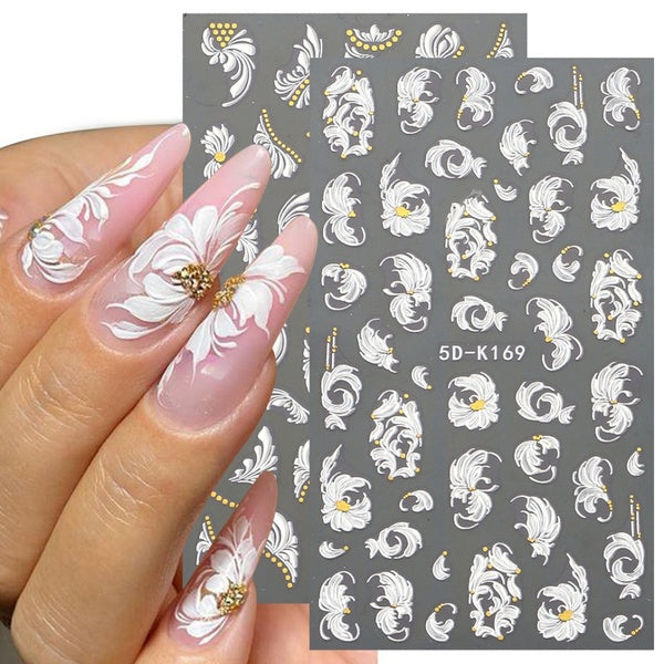 5d Acrylic Wedding Nail Art Stickers White Gold Flowers Embossed Decals Sliders Autumn Nail Decor Gel Polish Designer CH5D-K169