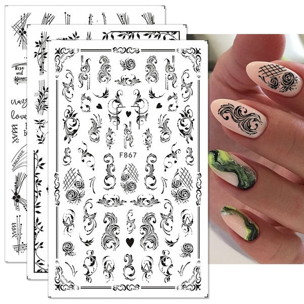3D Black And White Lines Butterfly Flower Nail Stickers Geometry Leaves Nail Decals Manicures Nail Art Decorations Nail Designs
