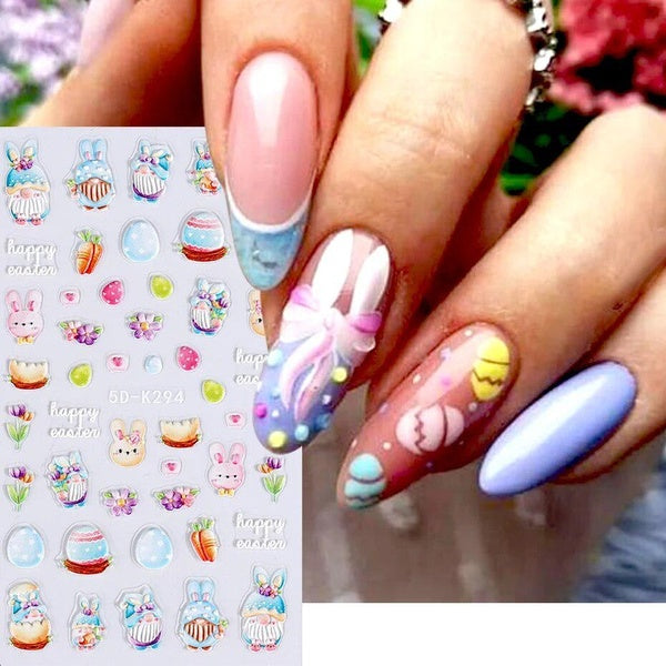 5D Embossed Nail Stickers Easter Bunny Nail Sticker Cartoon Nail Decals Flower Relief Sliders For Valentine Manicure Decoration