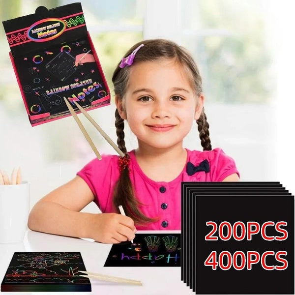 200pcs-400pcs Rainbow Scratch Mini Art Notes - Magic Scratch Paper Note Cards with Wooden Stylus for Kids Arts and Crafts DIY Painting Party Favor Su