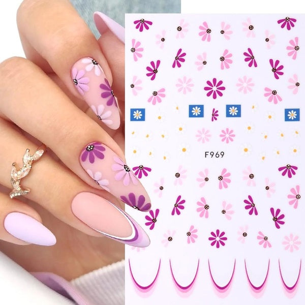 Purple Flower Autumn Nails Stickers 3D Petals Simple Blossoms Decals Floral Yellow Leaf French For Nail Art Manicure Decoration