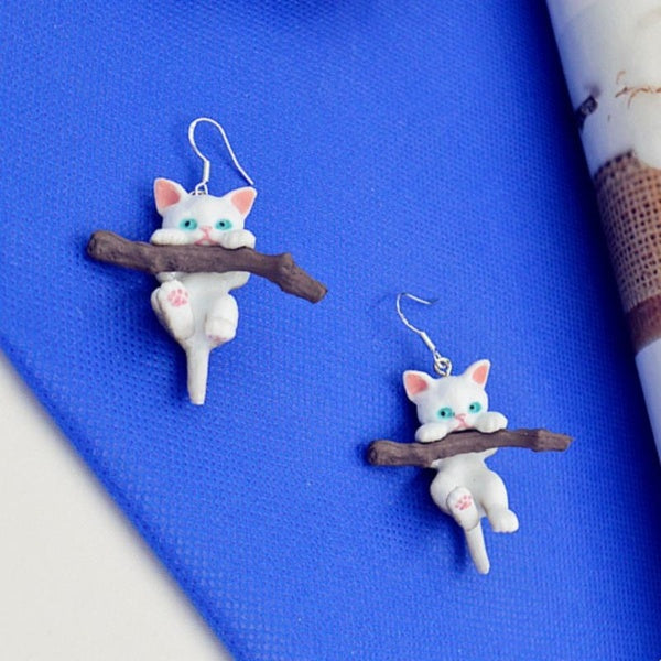 Boucles d'oreilles chat branche mignonne, boucles d'oreilles chat Kawaii, boucles d'oreilles chaton en résine, boucles d'oreilles pendantes pour fill