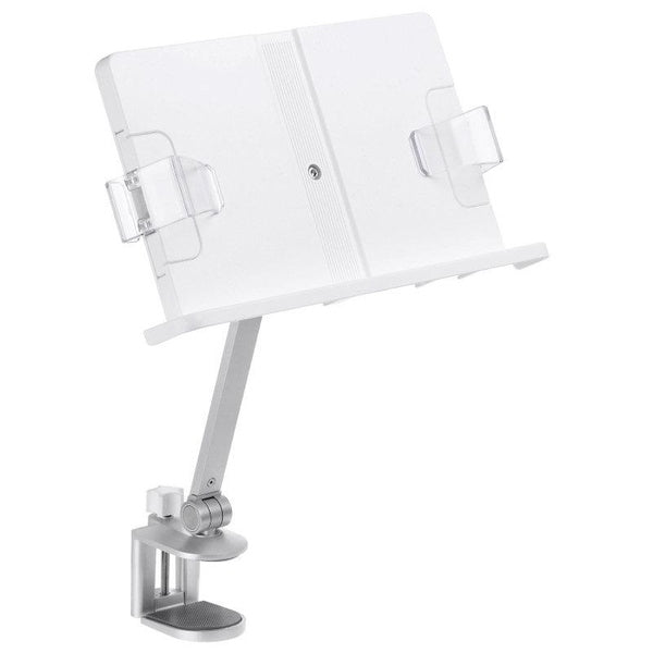Book Stand for Reading, Metal Reading Rest Book Holder with Page Clips, Height Angle Adjustable, 360° Rotating Arm Suitable for Sheet Music, Laptop