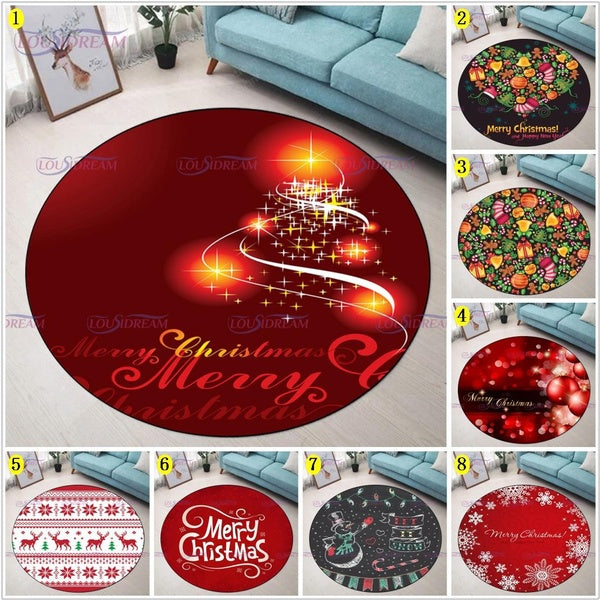 Merry Christmas Printed Round Carpet Christmas Tree Round Mat Living Room Bedroom Snowflake Carpet Non-slip Door Mat Chair Mat Birthday Gift