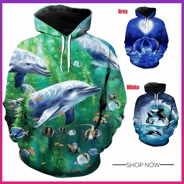 Love Dolphin Family Pullover Men's Casual Hoodie Ocean Elf Hoodie SOSHIRL 3D Dolphin Hoody Cute Men's Sweatshirt
