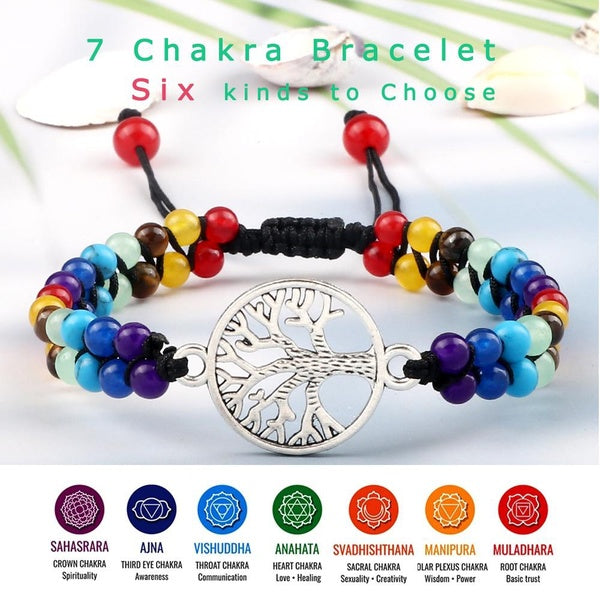 7 Chakra Bracelet Gold Silver Tree of Life Aum Talisman For Women Men Natural Stone Treatment Anxiety Double Row Beads Mandala Yoga Meditation Bangle