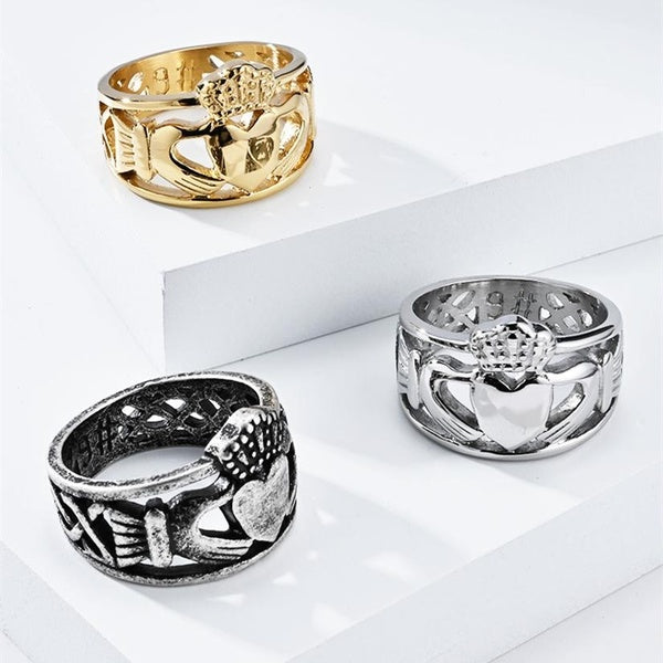 Bague de fiançailles et de mariage irlandaise Claddagh Love Heart Crown Triquetra pour femme et homme, anneau classique celtique, taille 7 à 12, arge