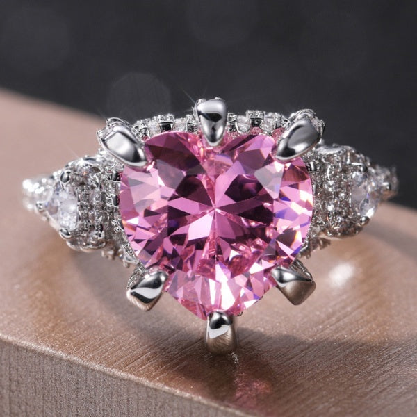 Charming Heart Shape Pink Gemstone Silver Plated Ring for Women Girl Daily Casual Accessories