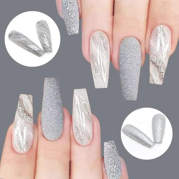 Medium Length Coffin Press on Nails Marble Design Long Gradient White Gray Full Cover Ballerina Glue on Nails with Sliver Glitter Acrylic Nails Artif