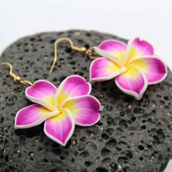Plumeria Dangle Earrings - Fimo Clay, Flower Earrings, Beach Wedding, Beach, Vacation, Hawaii, Tropical Flower, Plumeria