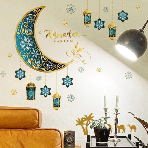 2 Sheets-Set New 2023 Eid Mubarak Ramadan Decoration Stars Moon Mosque Wall Stickers Window Wall Decals For Ramadan Kareem Eid Party Supplies