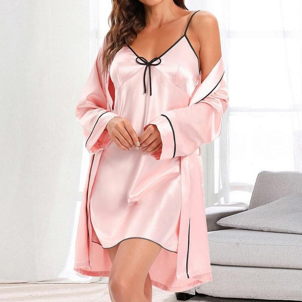 Women's Silk Pajamas Set Nightgown Bathrobe V-neck Satin Nightdress Sleepwear Bridesmaid Robes