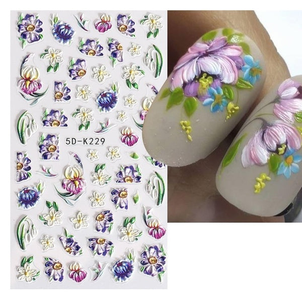 5D Embossed Violet Iris Flower Nail Sticker Purple Floral Sliders Sunflower For Nail Art Manicure Decoration SA5D-K