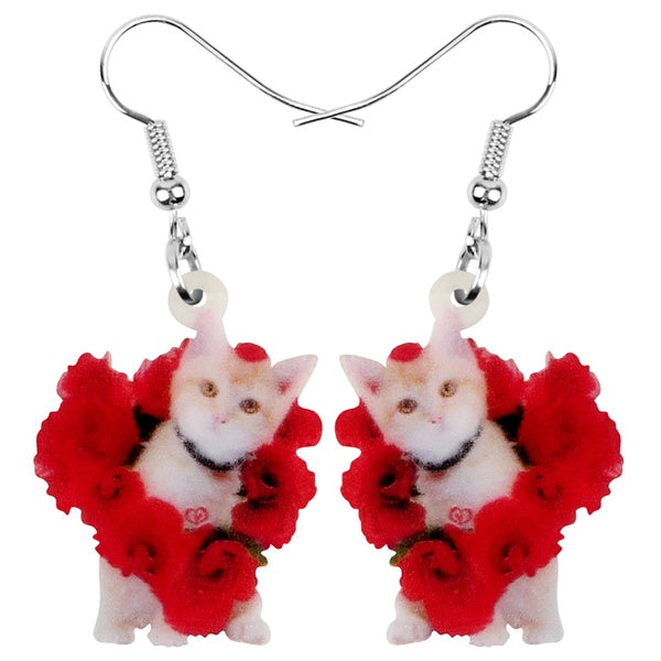 Acrylique Saint Valentin Rose Asiatique Chat Chaton Boucles D'oreilles Drop Dangle Animal Bijoux Pour Femmes Filles Adolescent Amant Charme Pet Cadea