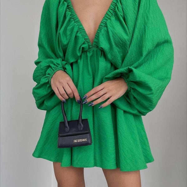 2024 New Trendy V-neck Long Sleeved Dresses With Independently Designed Bubble Sleeves And Large Hem Skirts