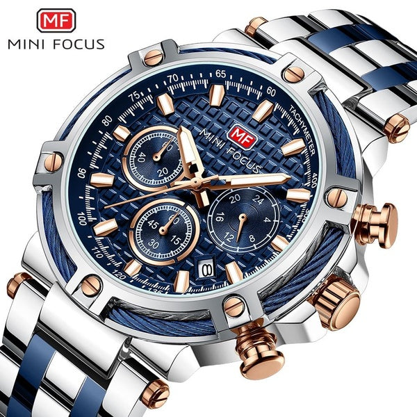 MINI FOCUS Montres de sport à quartz de luxe pour hommes Montre-bracelet chronographe étanche en acier inoxydable avec date lumineuse Montre résistan
