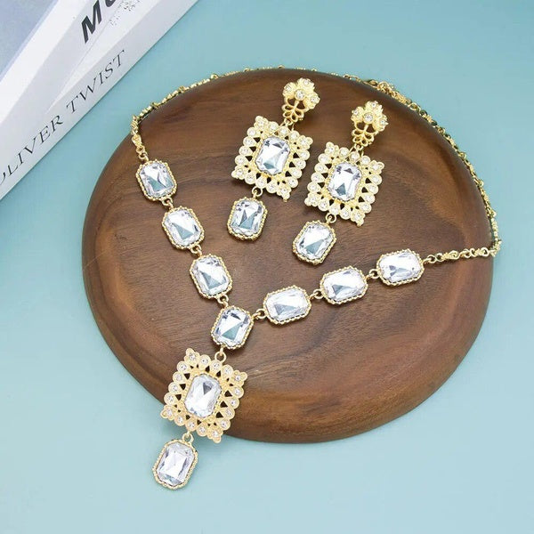 Chic Moroccan Women Choker Necklace Earring Square Crystal Gold Color Arabic Bride Wedding Jewelry Set Algeria Bijoux