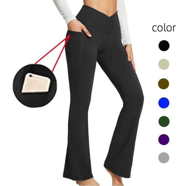 Women's Flare Yoga Pants with Pockets-V Crossover High Waisted Bootcut Yoga Leggings-Flare Workout Gym Leggings