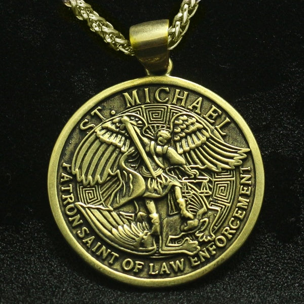 New 316L Stainless Steel Big Saint Michael Protect Us Pendant for Men Round Medal Necklace Punk Jewelry