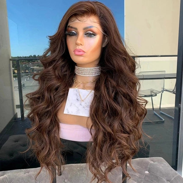 Long Brown Wave Lace Front Wig Partie médiane Synthétique Lace Front Perruques pour les femmes noires Pré-plumé Hairline